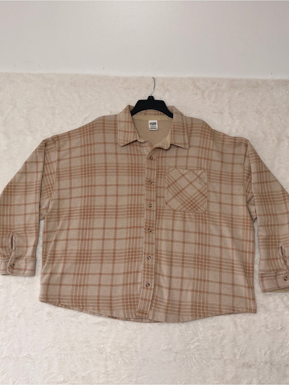 PINK Victoria’s Secret Plaid Reverse Fleece Shacket Oversized Tan Beige XL